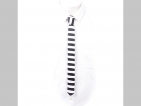 kravata v štýle " Green Day " bieločierna pruhovaná tenšia s rozmermy 70x3,8cm materiál 100%polyester